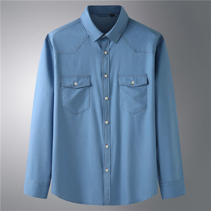 Plus size men's stretch Denim long-sleeved shirt fat guy Spring and Autumn new casual stylish multi-pocket shirt fat guy fashion