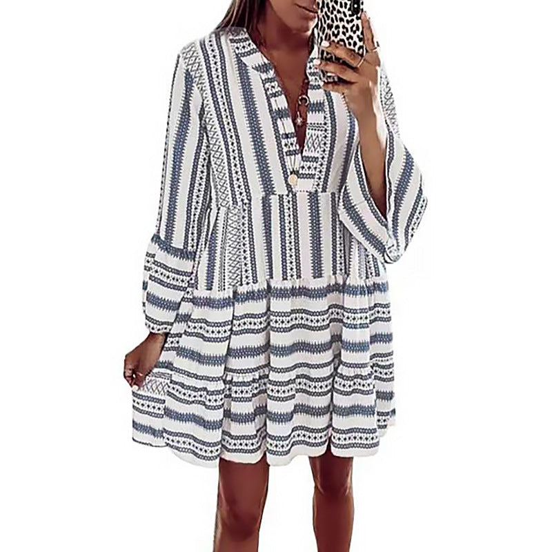 Spring Summer New Arrival European and American Print Long Sleeve V Neck Patchwork Dress