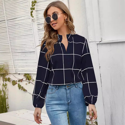 Amazon Autumn Stand Collar Long Sleeve Plaid Print Chiffon Women's Shirt |blouses,tops