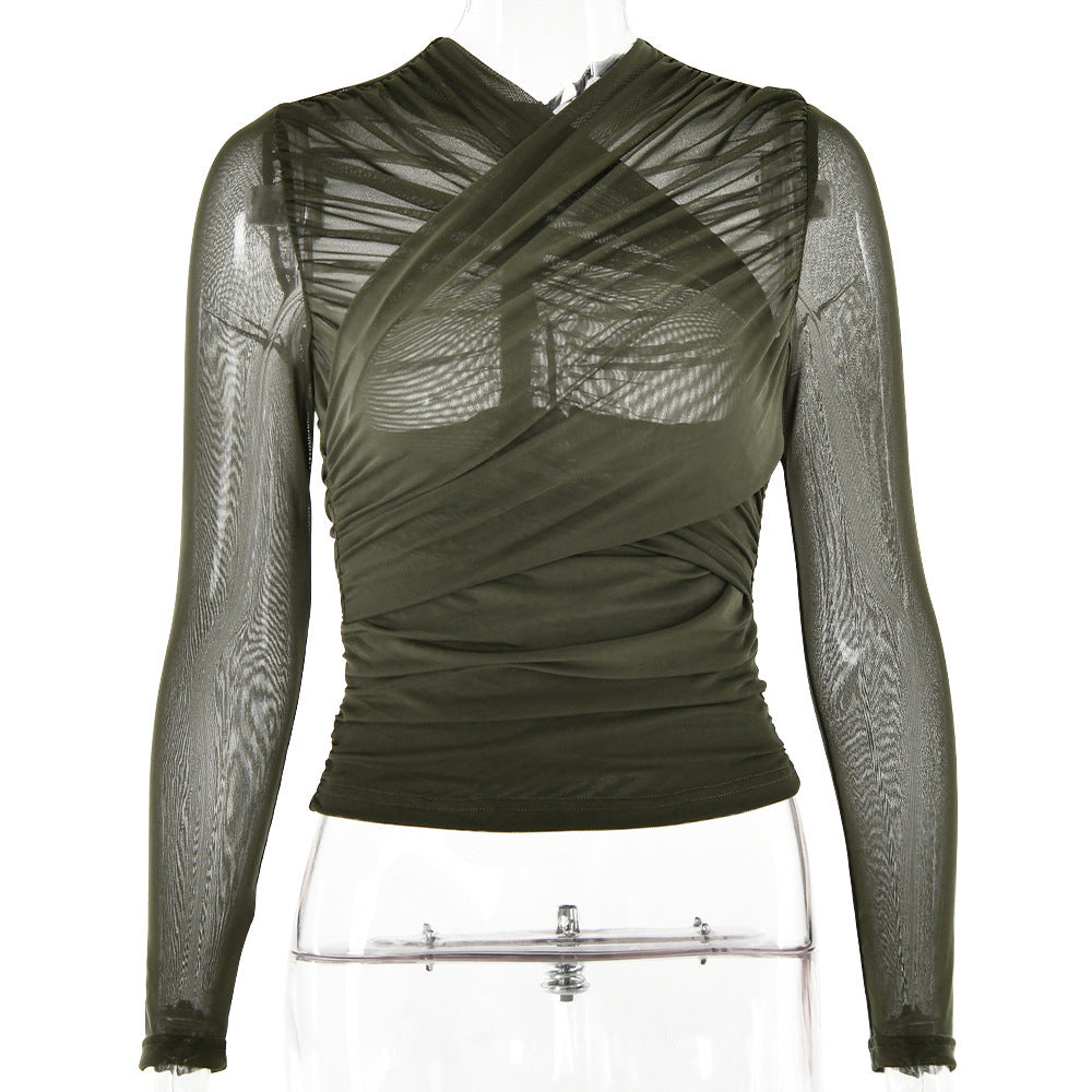 New Autumn Winter Cross Back Zipper Mesh Long Sleeve Top