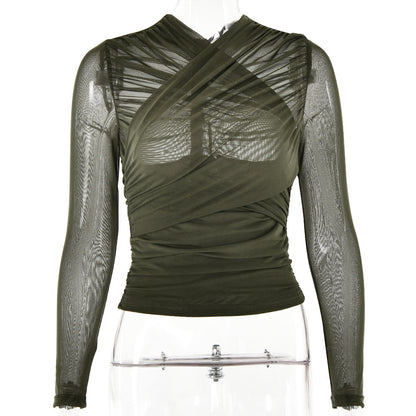 New Autumn Winter Cross Back Zipper Mesh Long Sleeve Top