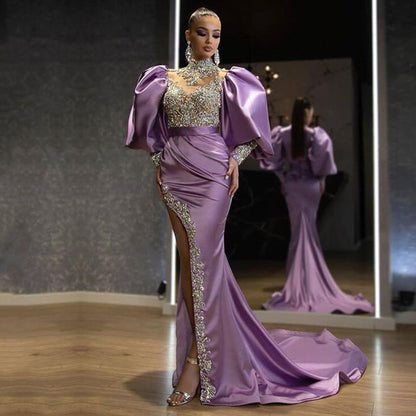 2025 new Europe and America cross border Amazon dress Princess sleeves sheath dress trailing gold elegant evening dress
