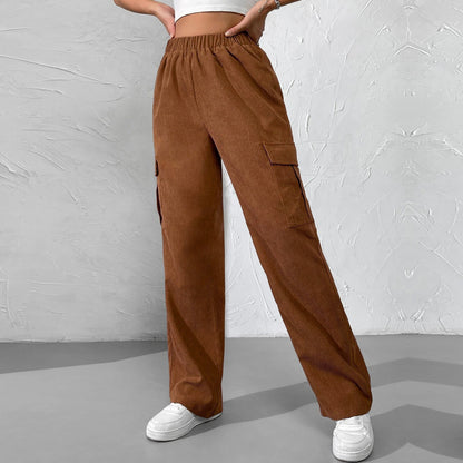 2026 spring and summer new European and American women's clothing loose elastic waist overalls corduroy wide leg straight casual trousers