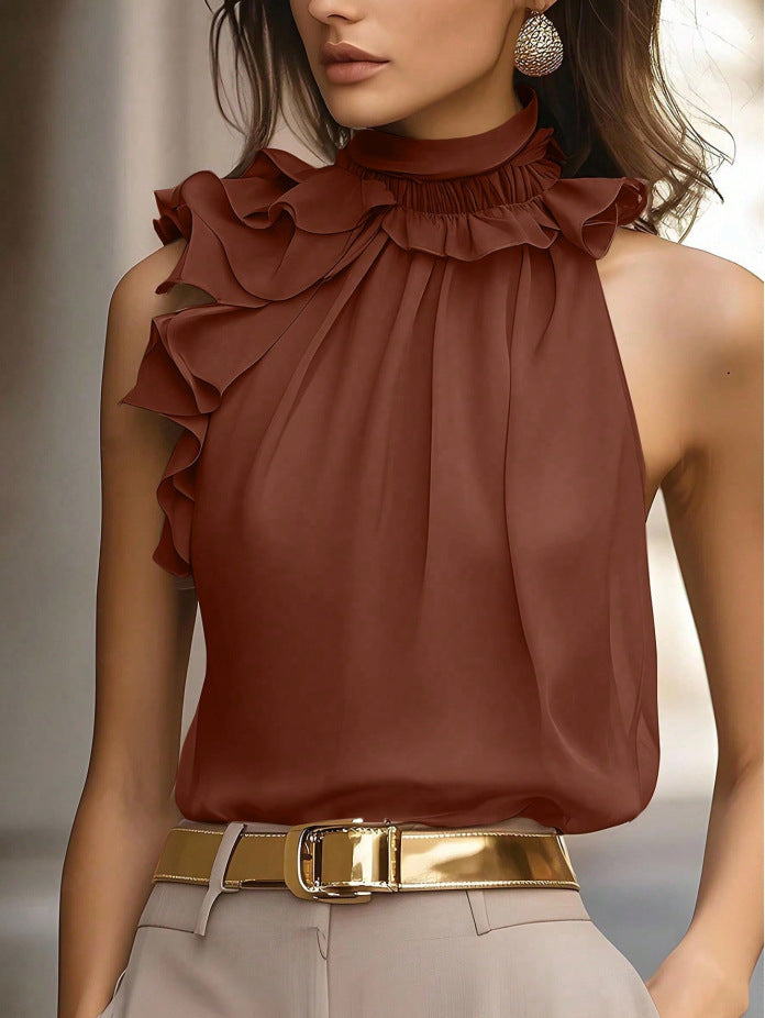 2026 cross-border European and American Amazon fashionable elegant petal collar halter off-shoulder slim sleeveless solid color top for women