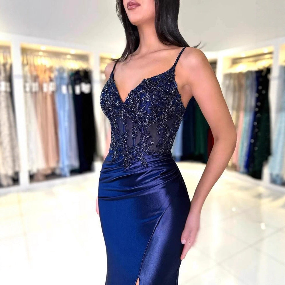 Dark blue camisole evening dress cross-border AliExpress slim fishtail figure flattering side slit high-end and fashionable party maxi dress