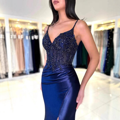 Dark blue camisole evening dress cross-border AliExpress slim fishtail figure flattering side slit high-end and fashionable party maxi dress