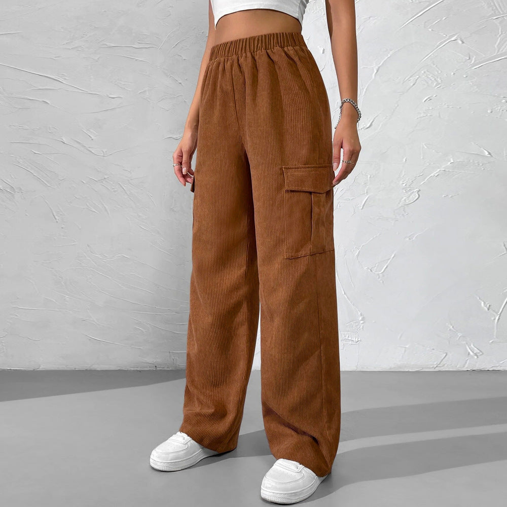 2026 spring and summer new European and American women's clothing loose elastic waist overalls corduroy wide leg straight casual trousers