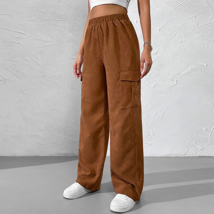 2026 spring and summer new European and American women's clothing loose elastic waist overalls corduroy wide leg straight casual trousers