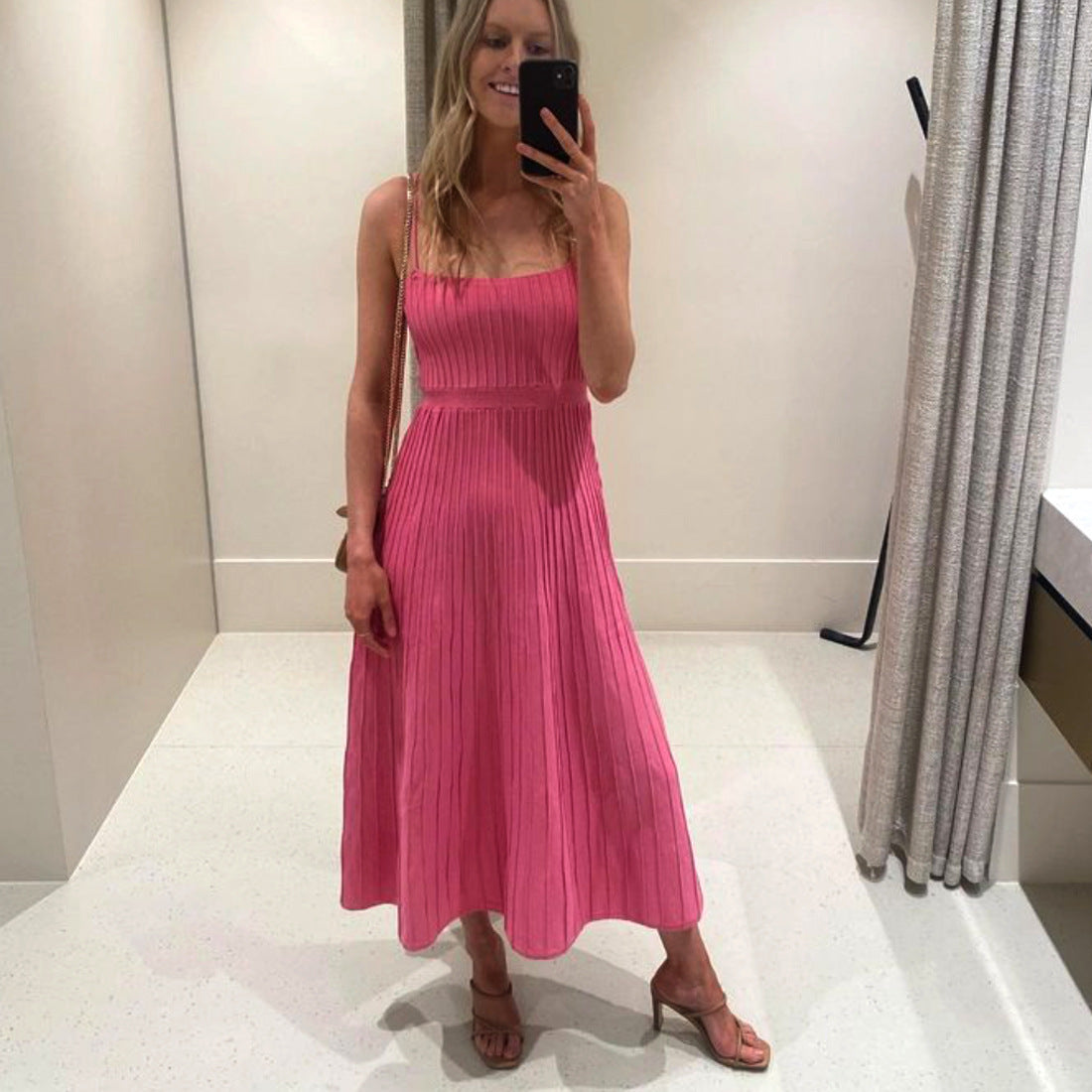 2023 Women's new pure color tube-top high waist spaghetti straps sleeveless knitted dress seaside vacation pleated maxi skirt for women