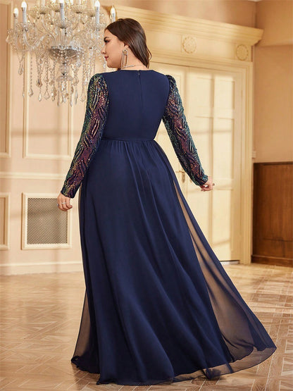 Plus size elegante lange avondjurk met V-hals en lange mouwen met kleurrijke lovertjes en kraaltjes