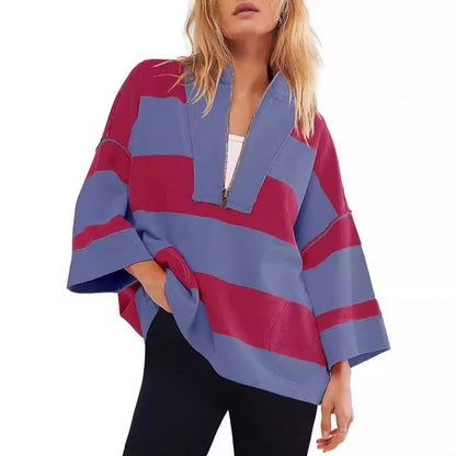 2024 women's oversized striped shirt half zip sweatshirt color block V-neck top casual loose pullover