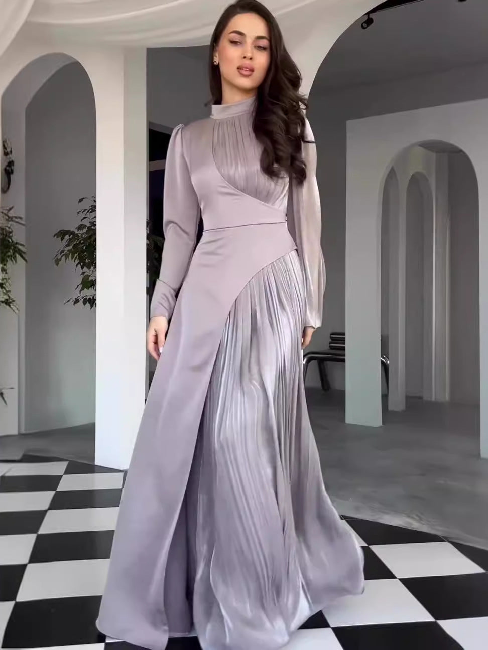 Amazon 2024 Europe and America cross border irregular color contrast patchwork dress high waist pleated slingback long dress for women