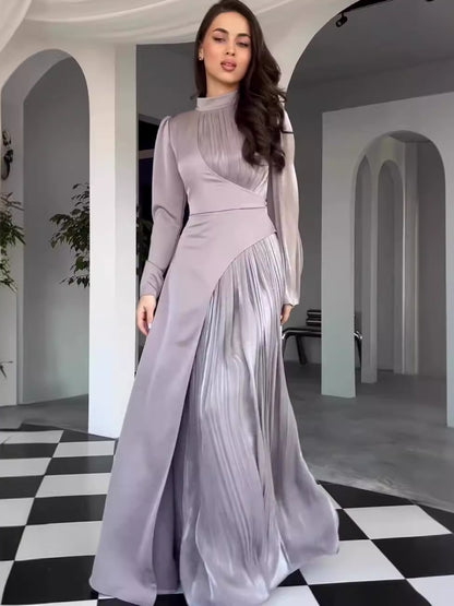 Amazon 2024 Europe and America cross border irregular color contrast patchwork dress high waist pleated slingback long dress for women