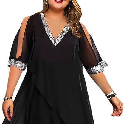 Cross-border women's clothing mid-skirt summer European and American fashion design stitching sequins off-shoulder loose plus size ladies dress