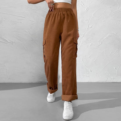 2026 spring and summer new European and American women's clothing loose elastic waist overalls corduroy wide leg straight casual trousers