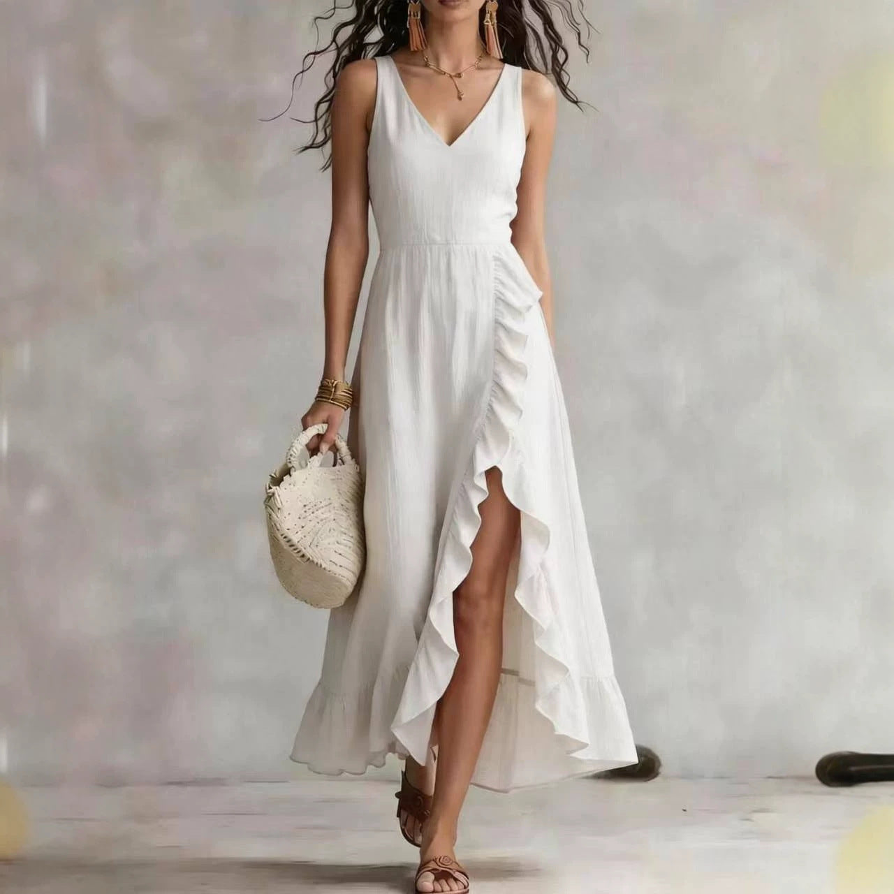 Cross-border foreign trade y2g summer women's V-neck sleeveless dress pink ruffled slit vacation style Beach maxi dress