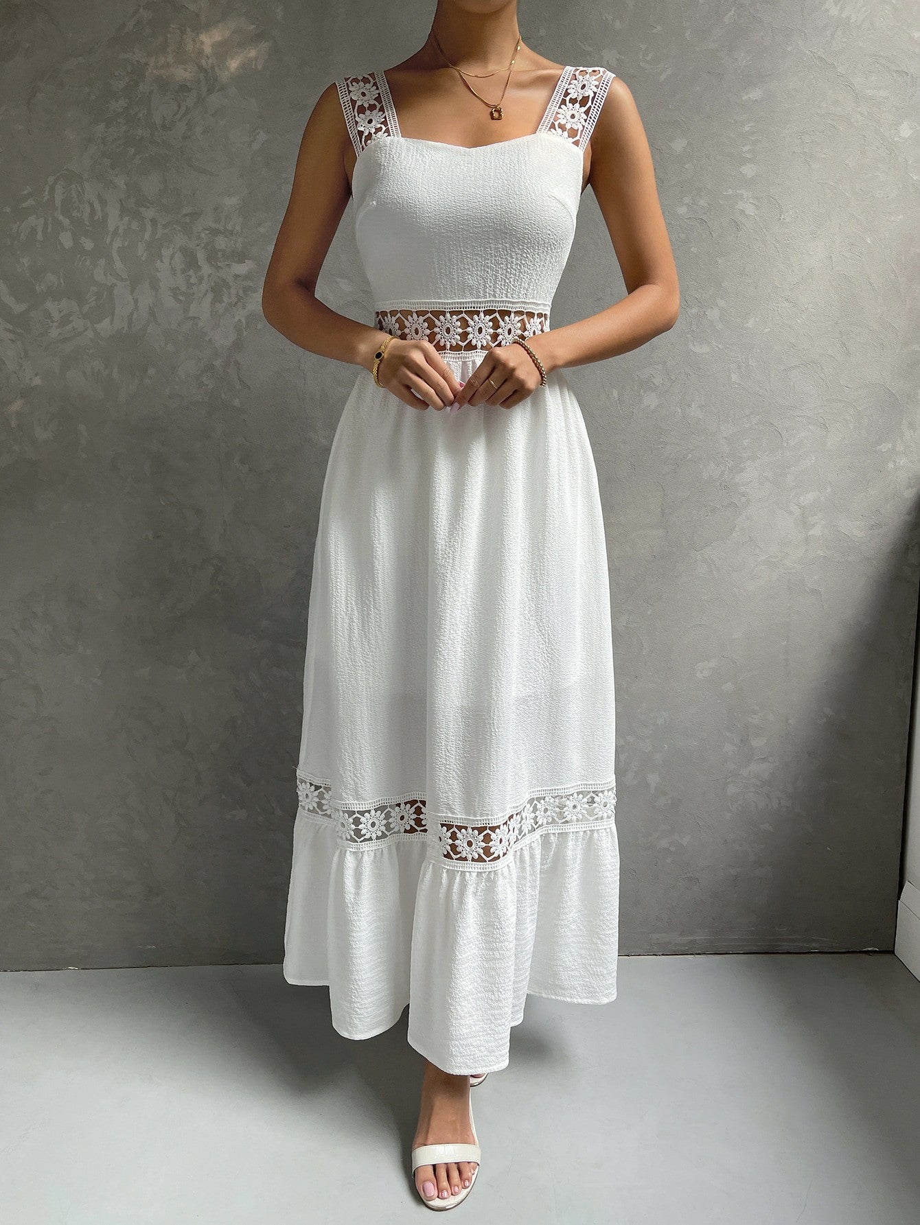Amazon new hollow lace temperament dress sling slim fit patchwork solid color sleeveless female dress