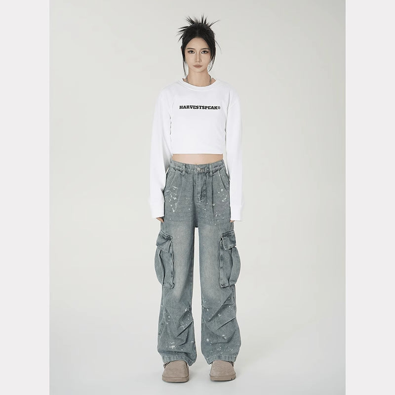 American high street vibe splash ink cargo jeans female hip-hop fashionable brand multi-pocket design loose wide-leg pants