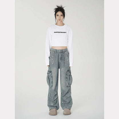 American high street vibe splash ink cargo jeans female hip-hop fashionable brand multi-pocket design loose wide-leg pants