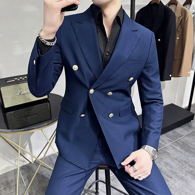High-end double-breasted suit suit men's youth casual business closure collar temperament host suit two-piece suit