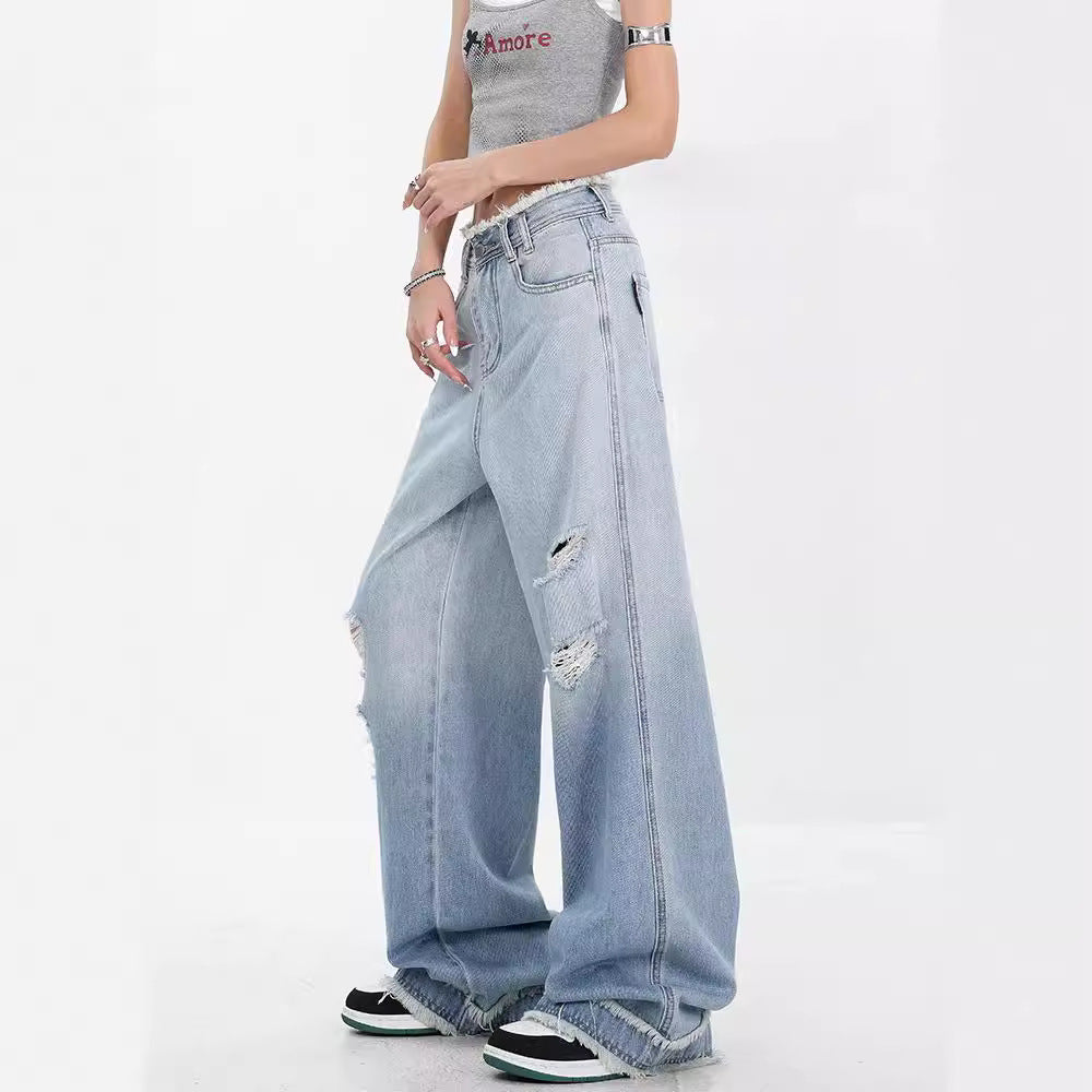 KEN STUDIO summer blue gradient water washed hole jeans women's raw edges design draping mopping pants pants