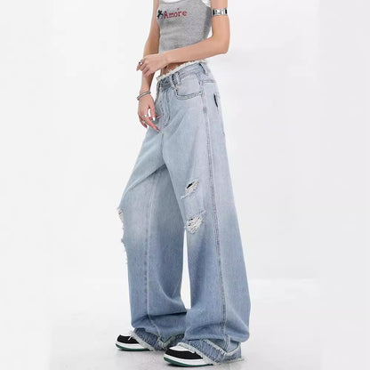 KEN STUDIO summer blue gradient water washed hole jeans women's raw edges design draping mopping pants pants