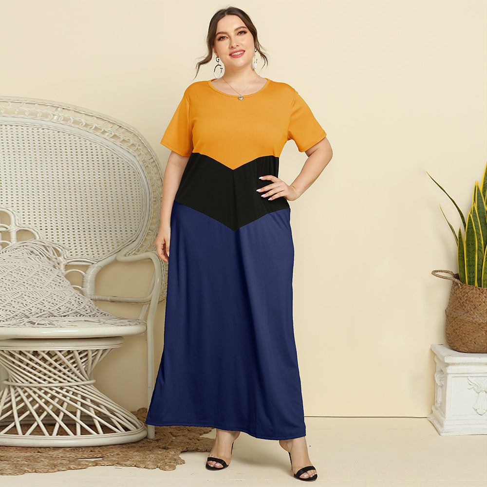 Spring and Summer new 2025 plus size women's clothing simple color matching long dress loose slimming short sleeve dress JR112