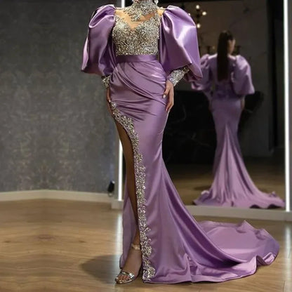 2025 new Europe and America cross border Amazon dress Princess sleeves sheath dress trailing gold elegant evening dress