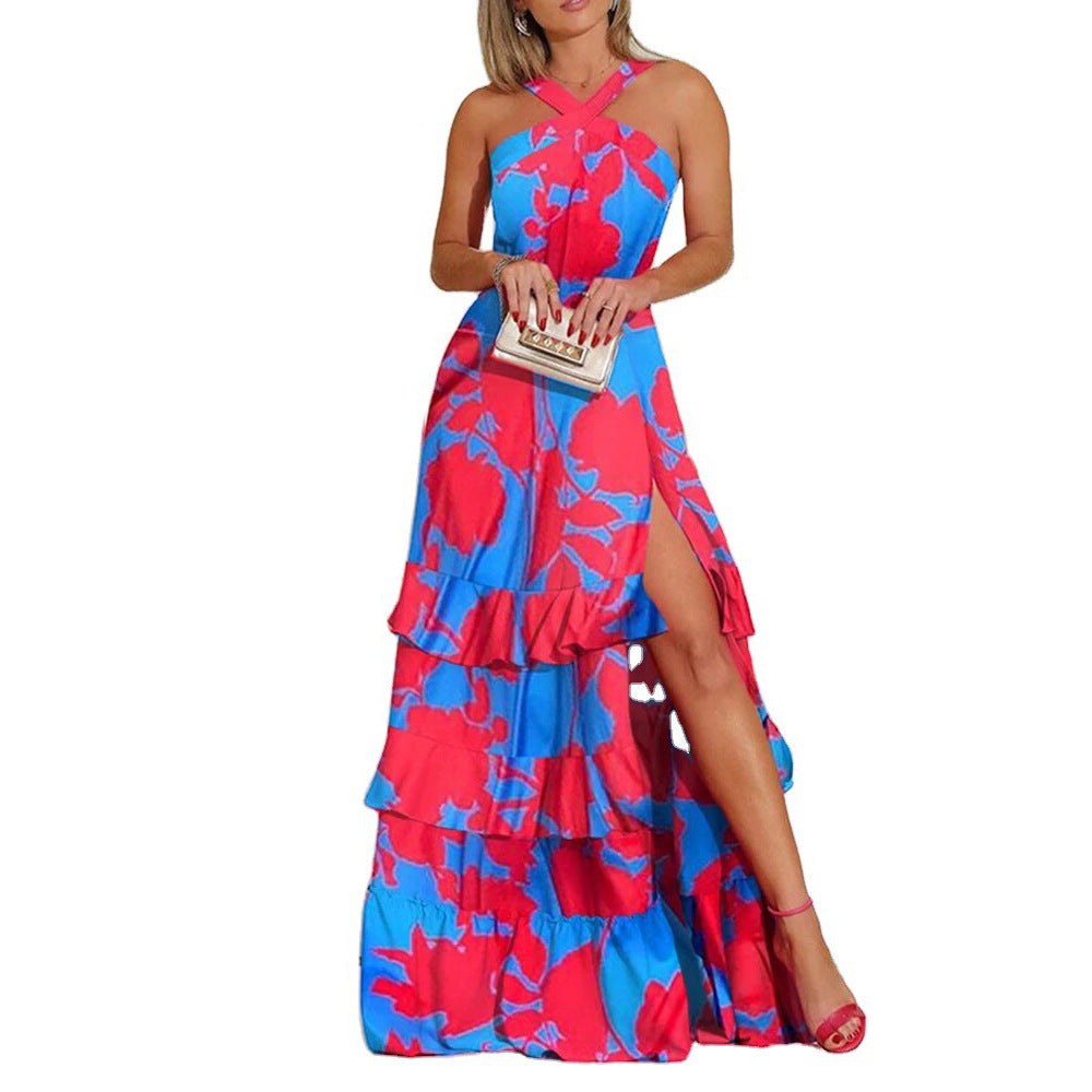 2025 European and American summer new sling dress bohemian dress Amazon printed V-neck sleeveless dress