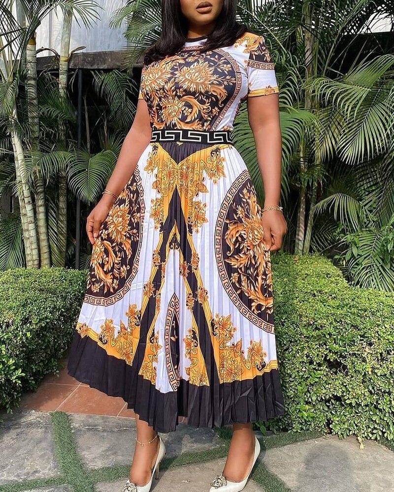 African Plus Size High Waist Short Sleeve Print Pleated Dress