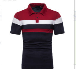 2025 foreign trade cross-border new arrival men's short-sleeved polo shirt striped stitching Fashion Casual button spot color matching design