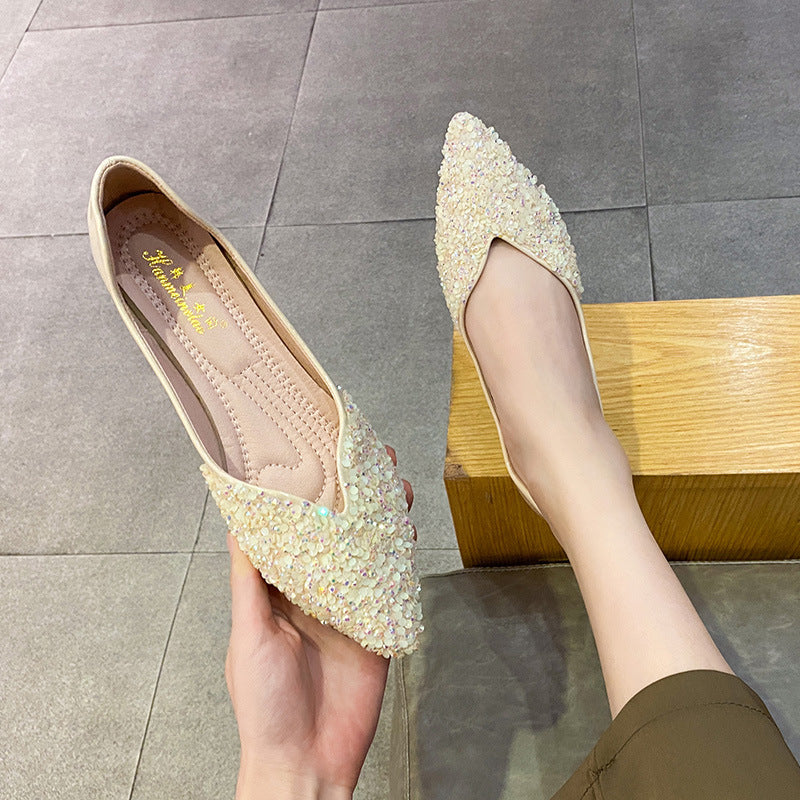 Apricot nude shoes women's spring and autumn 2025 pointed toe flat pumps plus size 41-43 women's shoes with diamonds black work shoes soft
