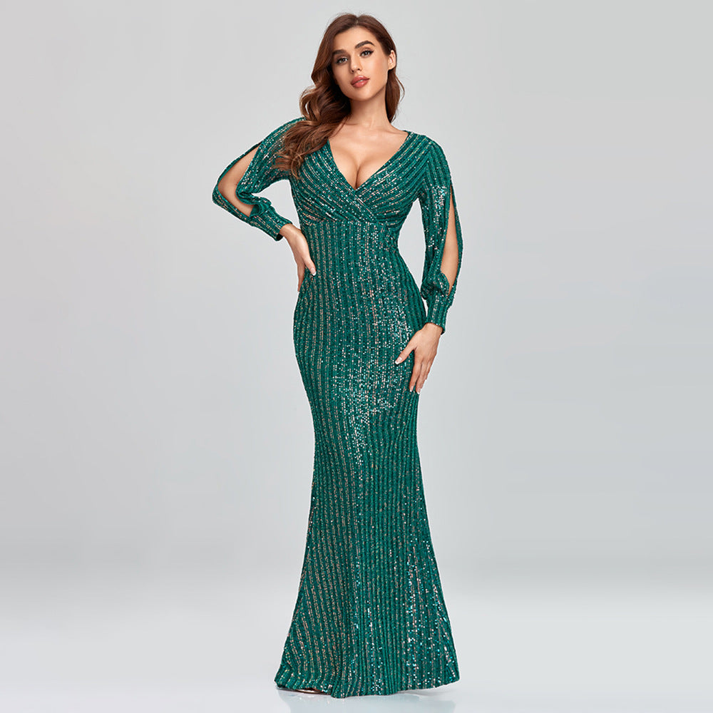 Spring Autumn New Women's Plus Size Long Sleeve V Neck Sequin Mermaid Evening Dress |women's clothing