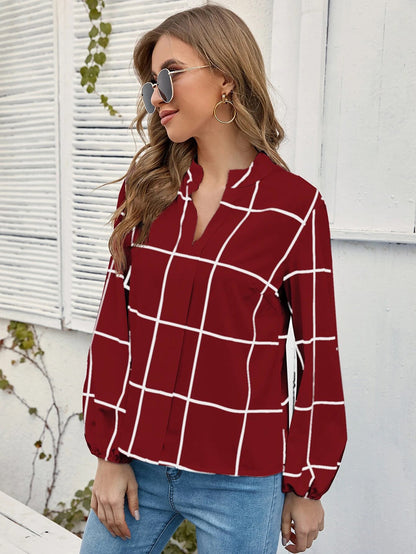 Amazon Autumn Stand Collar Long Sleeve Plaid Print Chiffon Women's Shirt |blouses,tops