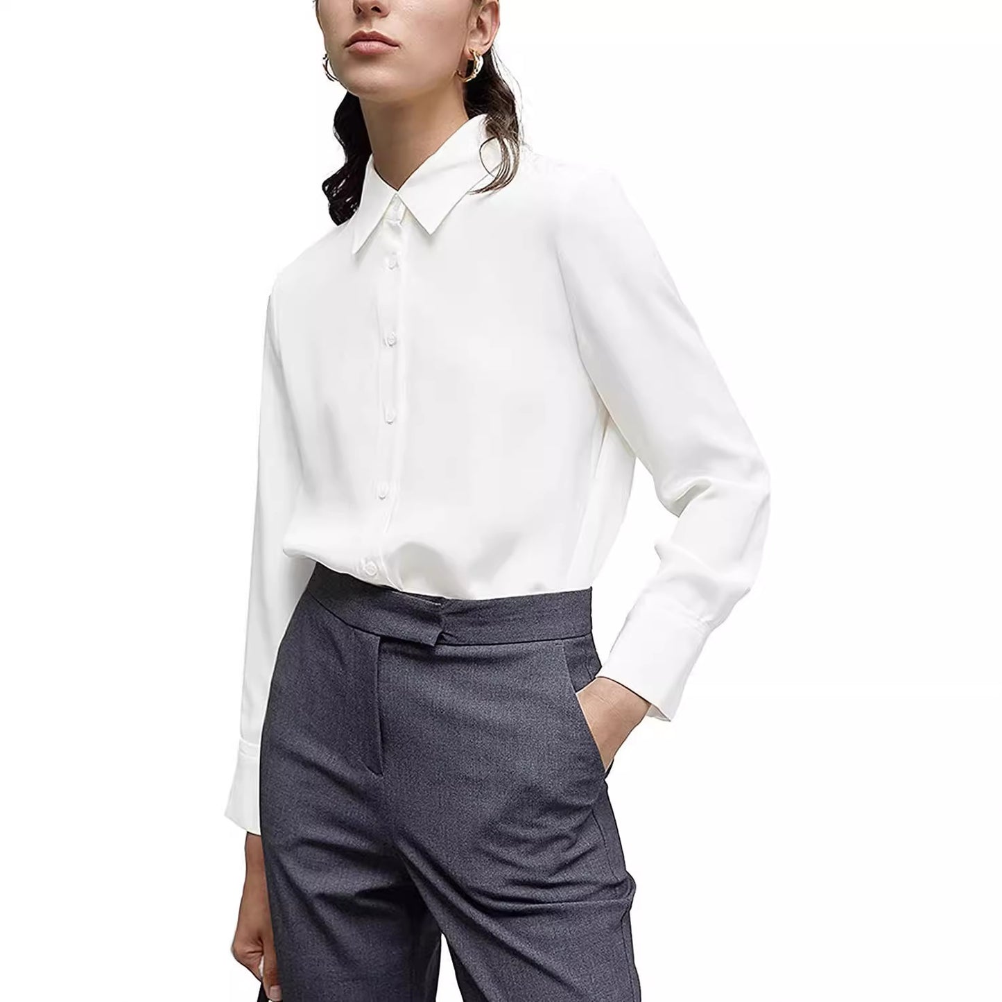 Women's regular button-down shirt long sleeve classic collared top work office casual chiffon shirt