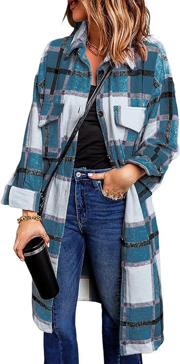 Women's 2024 mid-length plaid jacket long sleeve button shirt fashion Winter brushed woolen dress and coat
