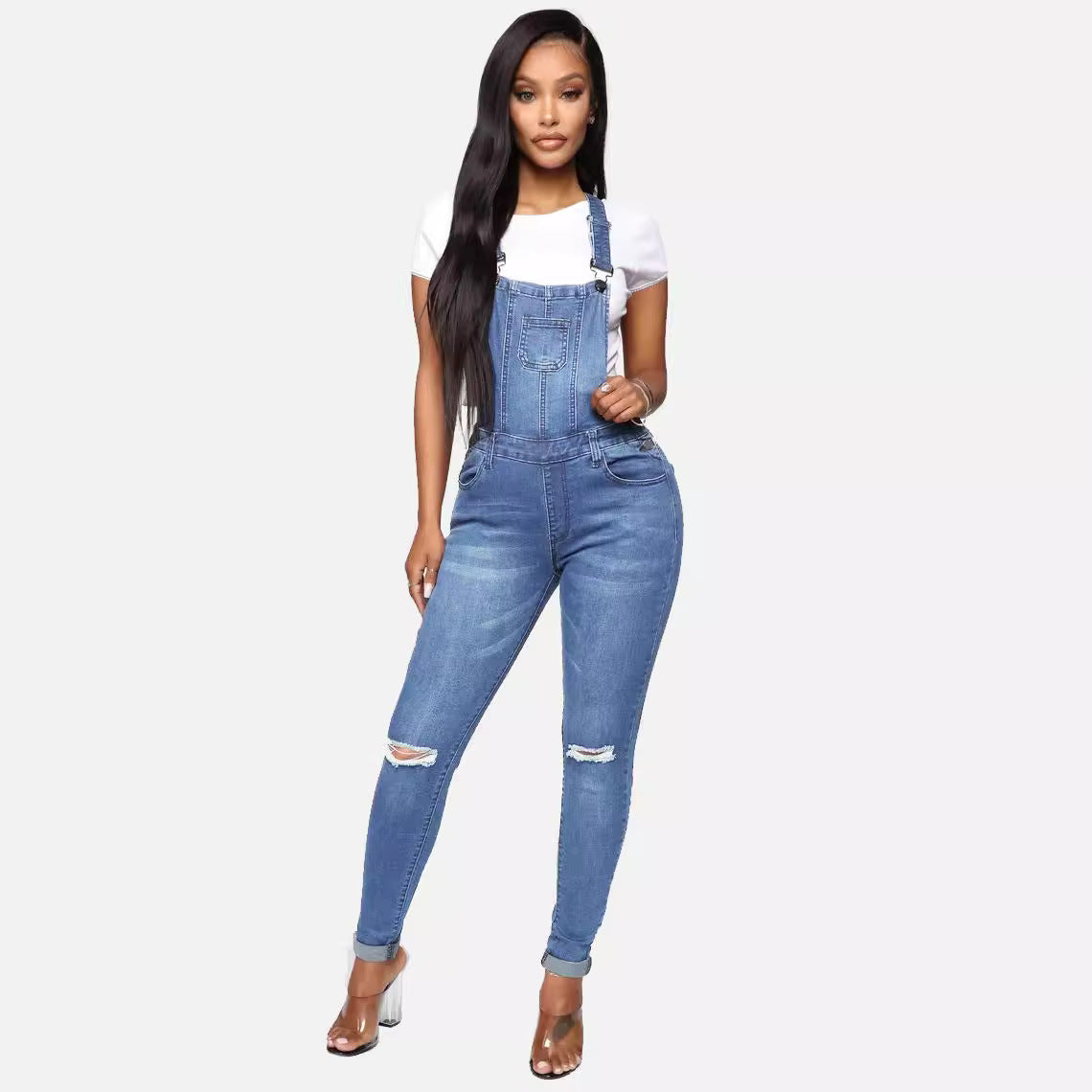 2023 Women's cross-border Amazon in stock Europe and America cross border ripped washed jeans wishebay suspender pants