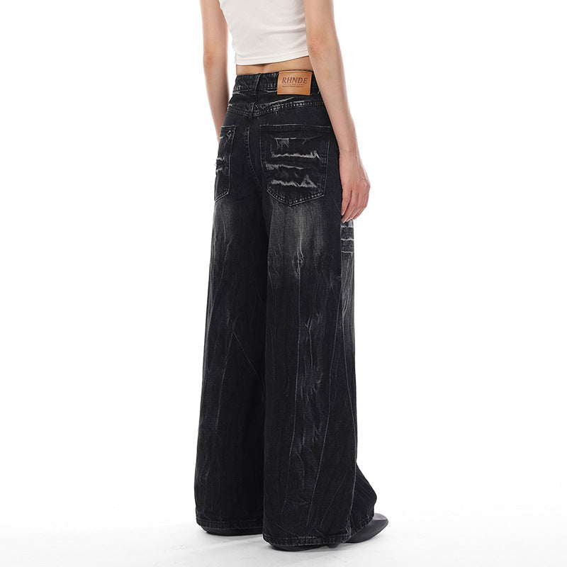 American special-interest design jeans women's spring and autumn 2024 New washed distressed couple lightning pattern wide leg trousers