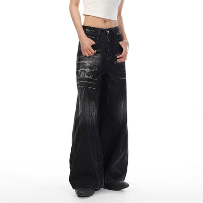 American special-interest design jeans women's spring and autumn 2024 New washed distressed couple lightning pattern wide leg trousers