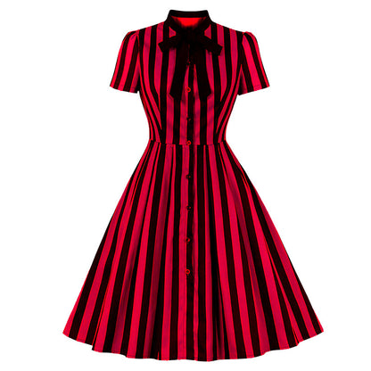 Women's striped printed tie collar pocket vintage skirt button shirt dress Halloween stage performance wear