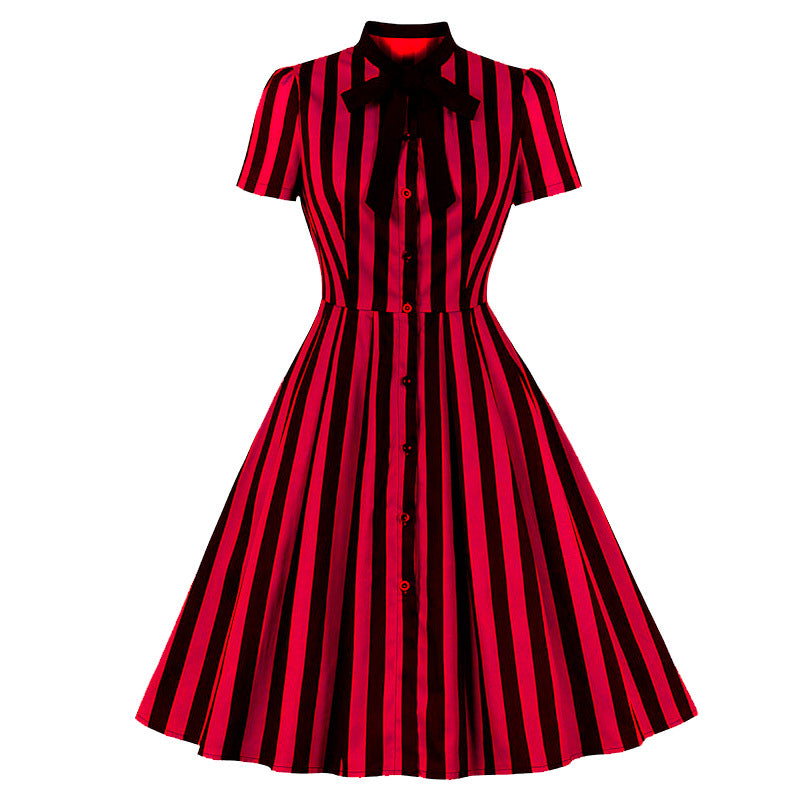 Women's striped printed tie collar pocket vintage skirt button shirt dress Halloween stage performance wear