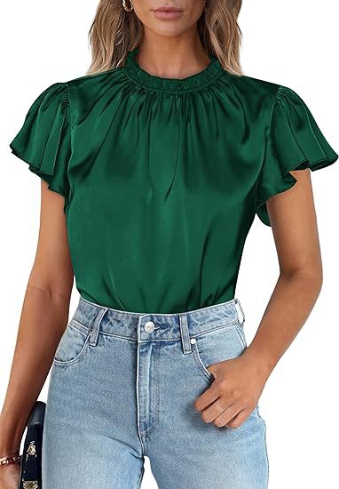 Women's summer satin shirt casual pleated short sleeves round neck party top