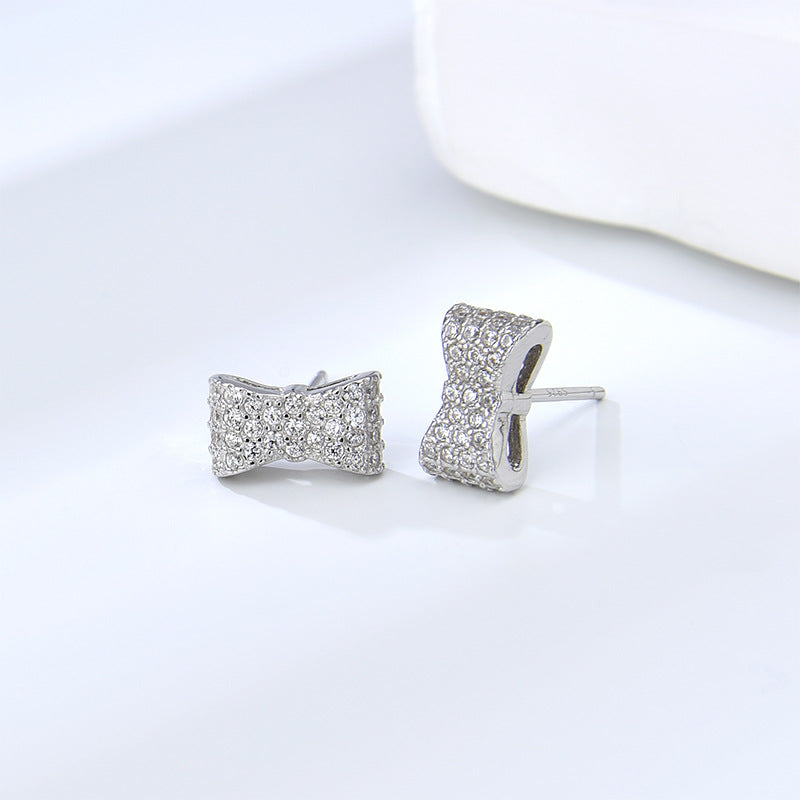 925 sterling silver diamond inlaid bow stud earrings simple Korean style artistic temperament earrings niche design ornament women
