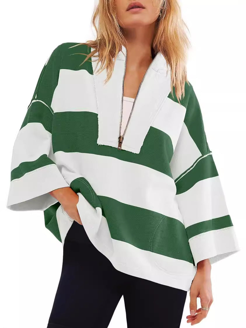2024 women's oversized striped shirt half zip sweatshirt color block V-neck top casual loose pullover