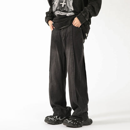 LKTM men's# American-style high-grade stitching jeans men's loose high street wide leg smooth straight-leg trousers