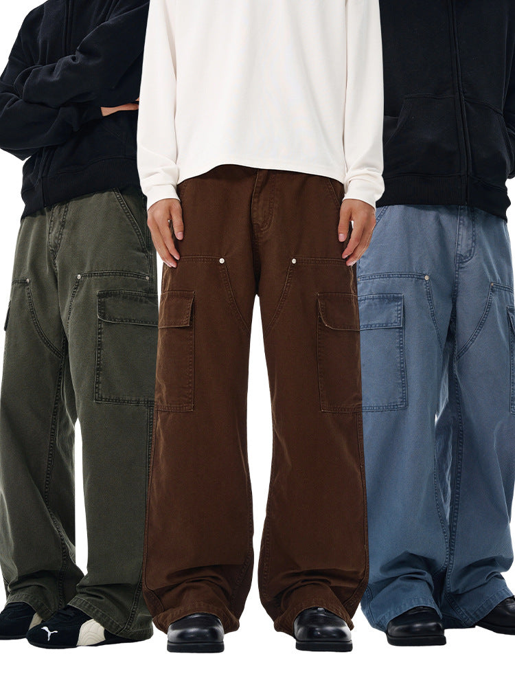 LKTM men's American-style retro washed pearl canvas logging overalls men's and women's niche design straight-leg trousers