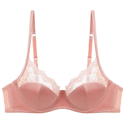 Cross-border sexy underwear women's French thin satin stitching lace underwear big chest small anti-SAG bra suit