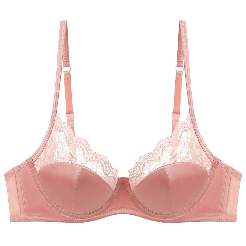 Cross-border sexy underwear women's French thin satin stitching lace underwear big chest small anti-SAG bra suit