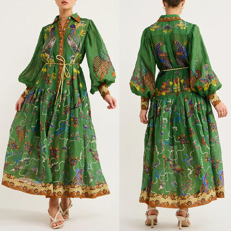 Cross-border foreign trade independent station Amazon 2023 new autumn printed cardigan printed wide hem long sleeve dress for women