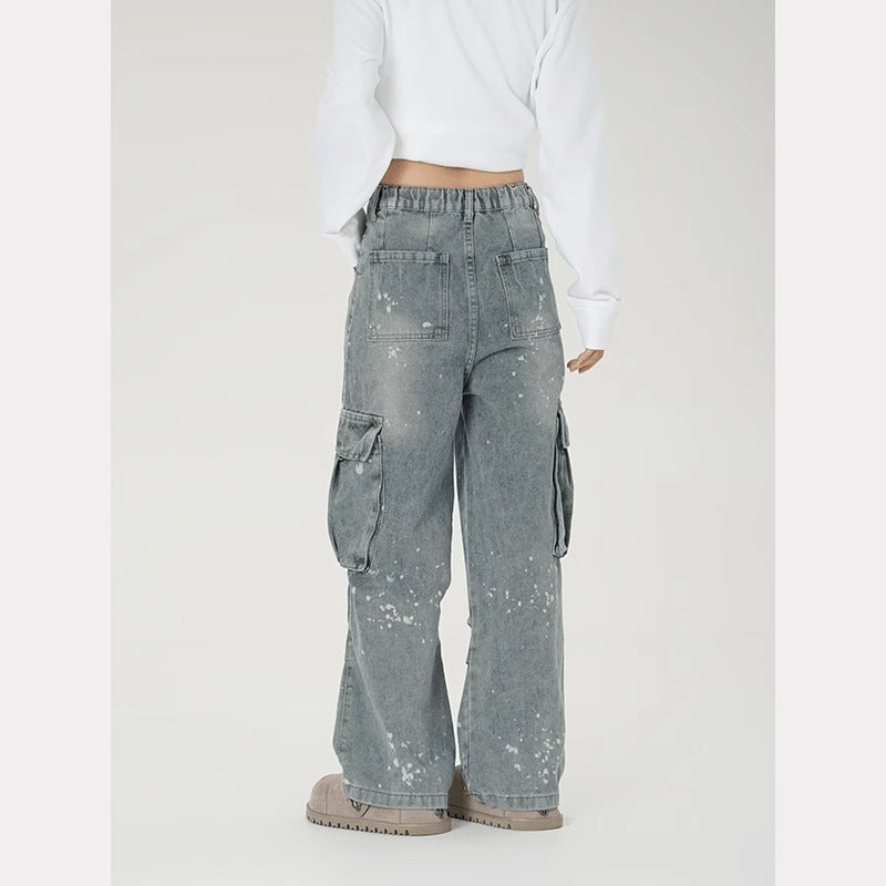 American high street vibe splash ink cargo jeans female hip-hop fashionable brand multi-pocket design loose wide-leg pants
